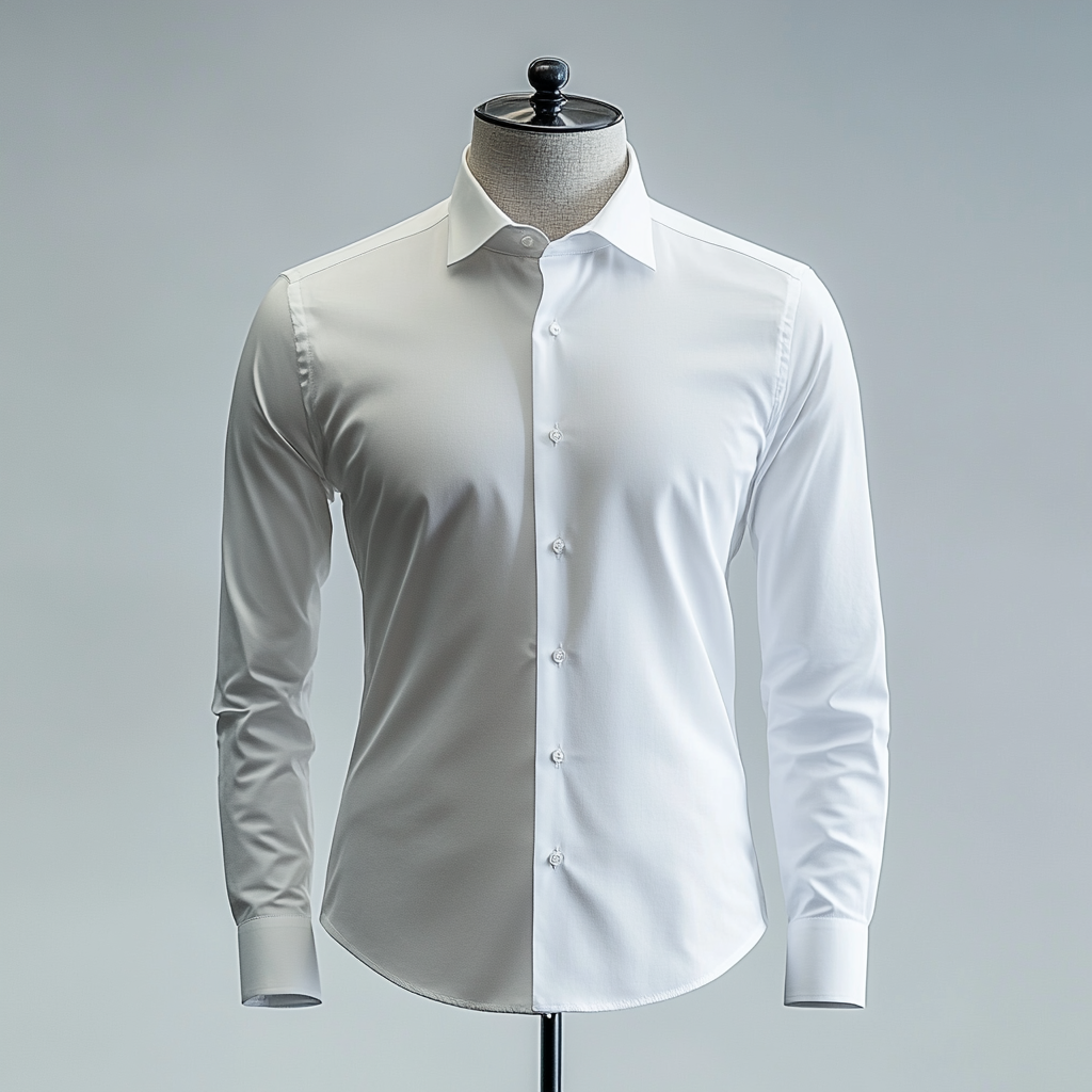 White shirt on mannequin in elegant setting, highlighted details.