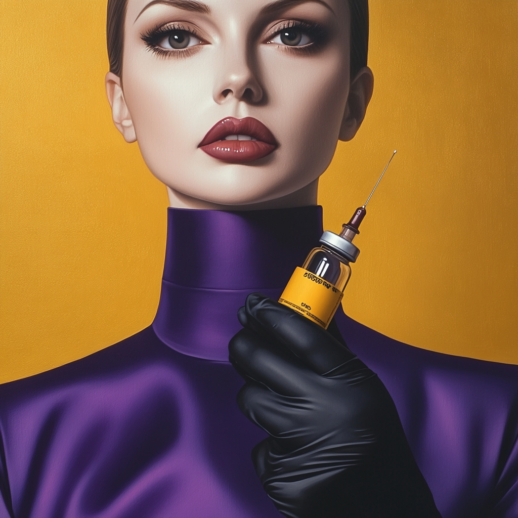 White skin nurse in dark purple scrub holding botox.