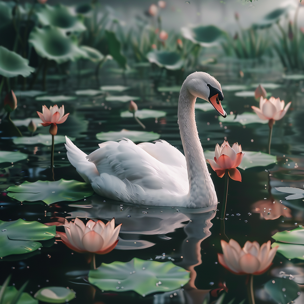 White swan in pool with lotus, calming anime style.