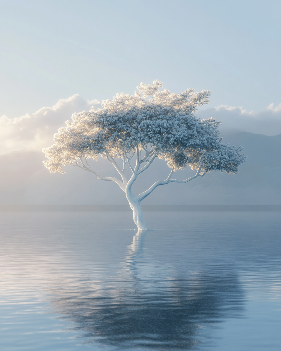 White trunk tree in serene lake at sunset.