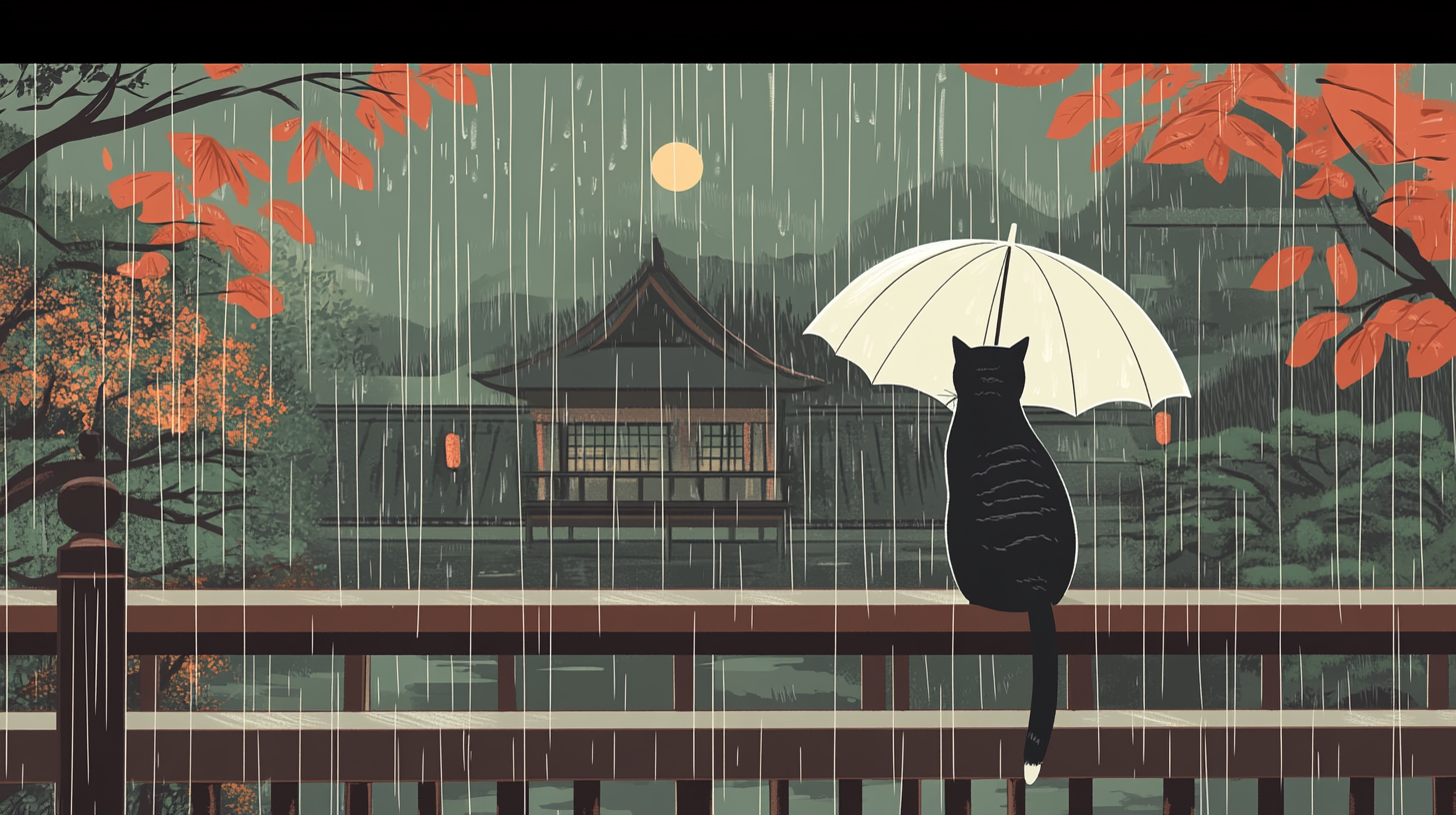 White umbrella, cat walking on bridge in rain.