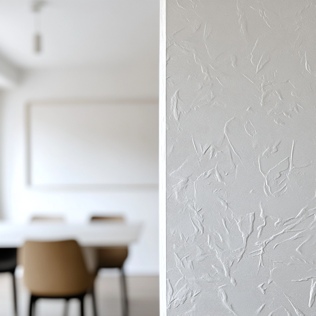 White wall in dining room with wallpaper space. Modern chair in background, barely visible. Bright neutral lighting.