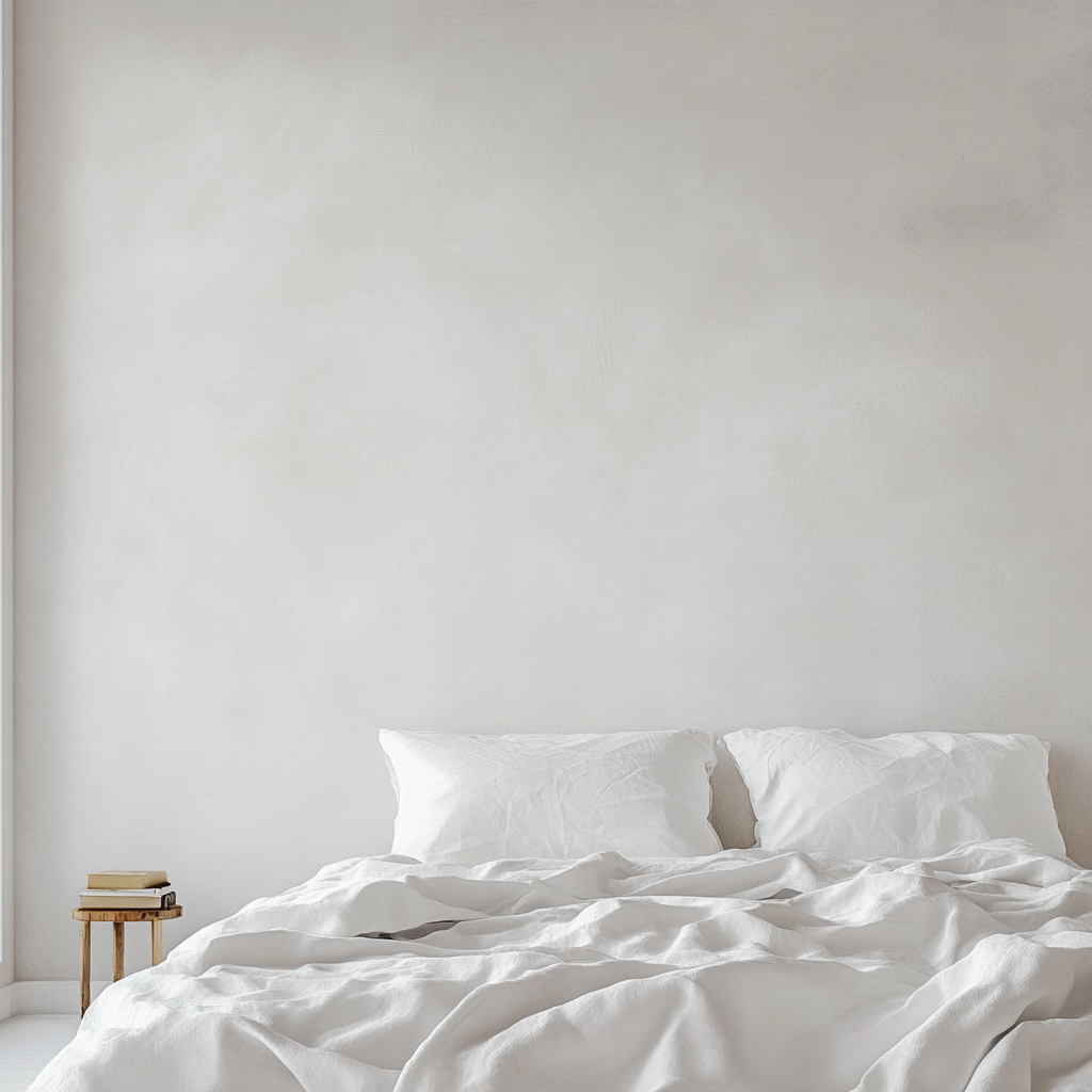 White wallpaper dominates scene with serene minimalist design.