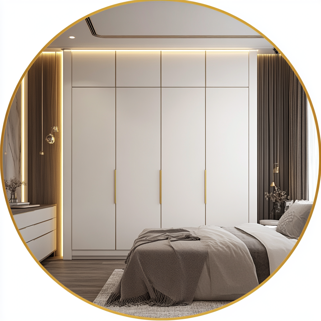 White wardrobe image in modern bedroom with gold frame.