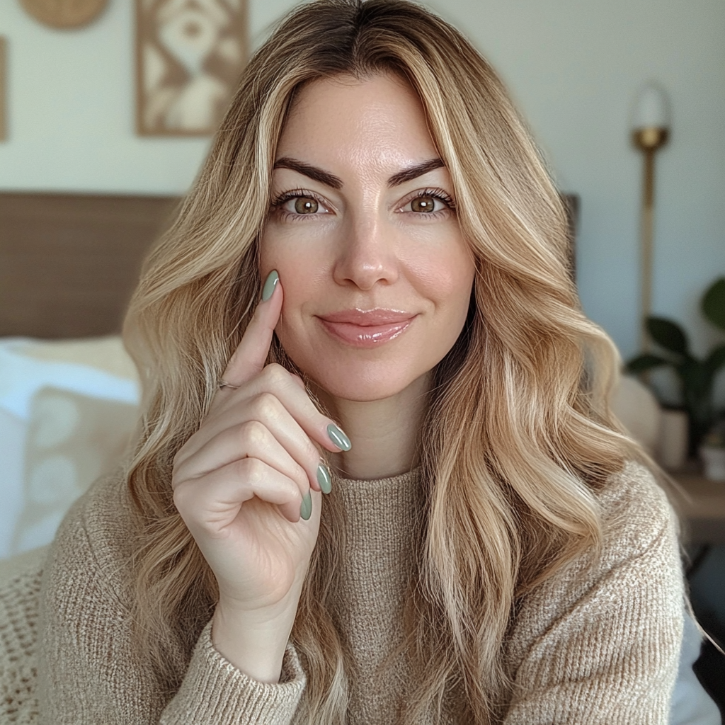 White woman smiles in closeup selfie showing nails.