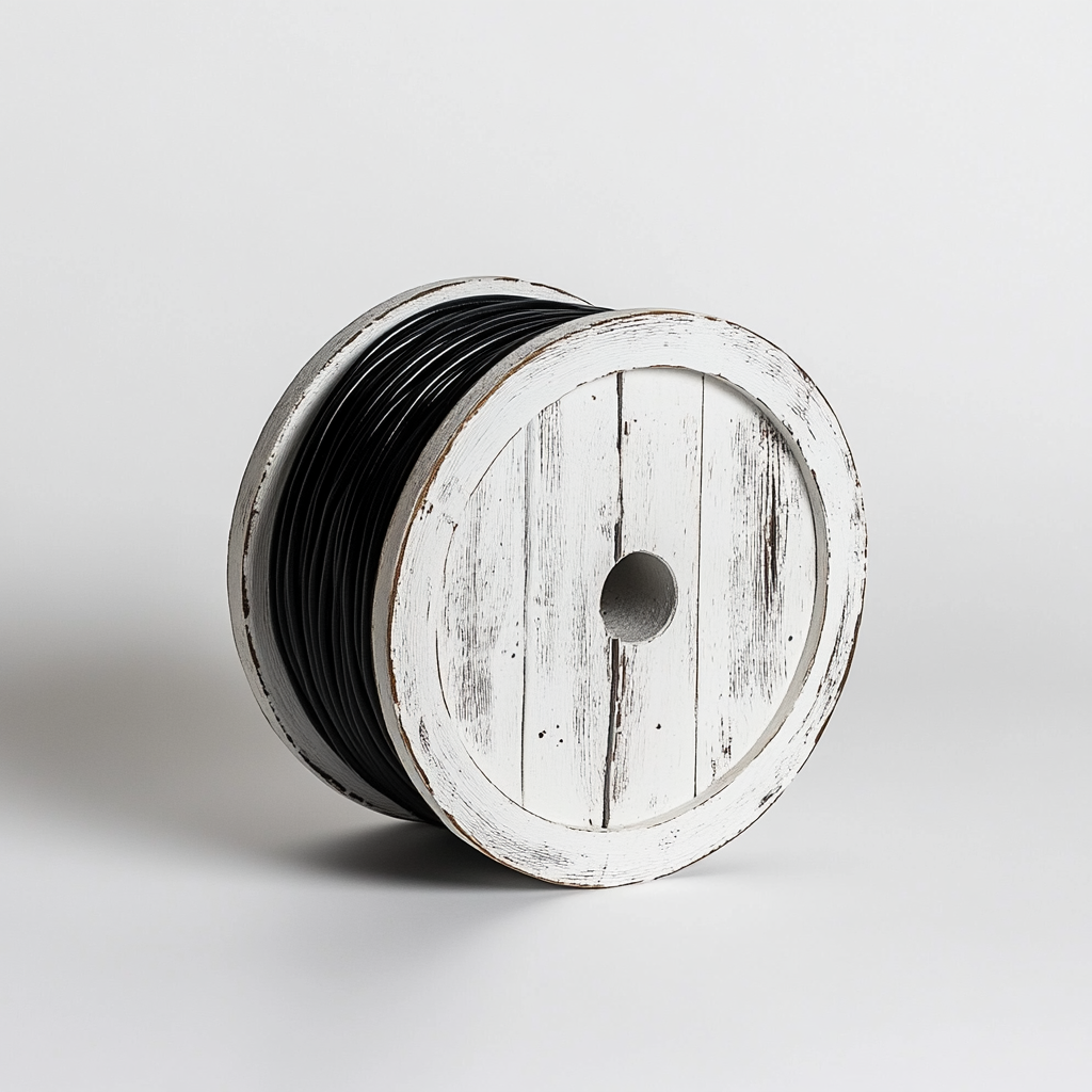 White wooden cable spool wrapped in black cable.