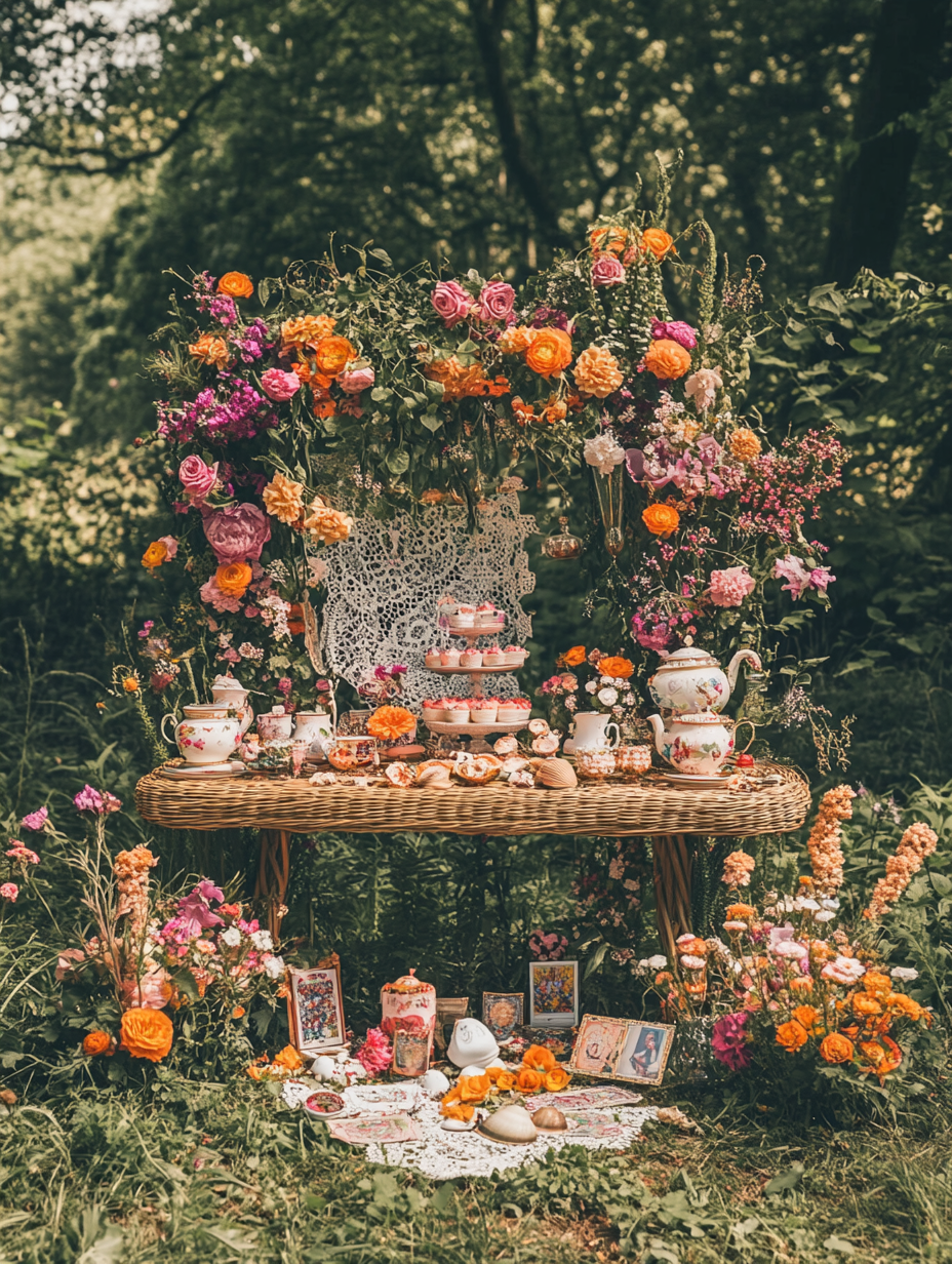 Wicker altar with flowers in city park, sea shells.