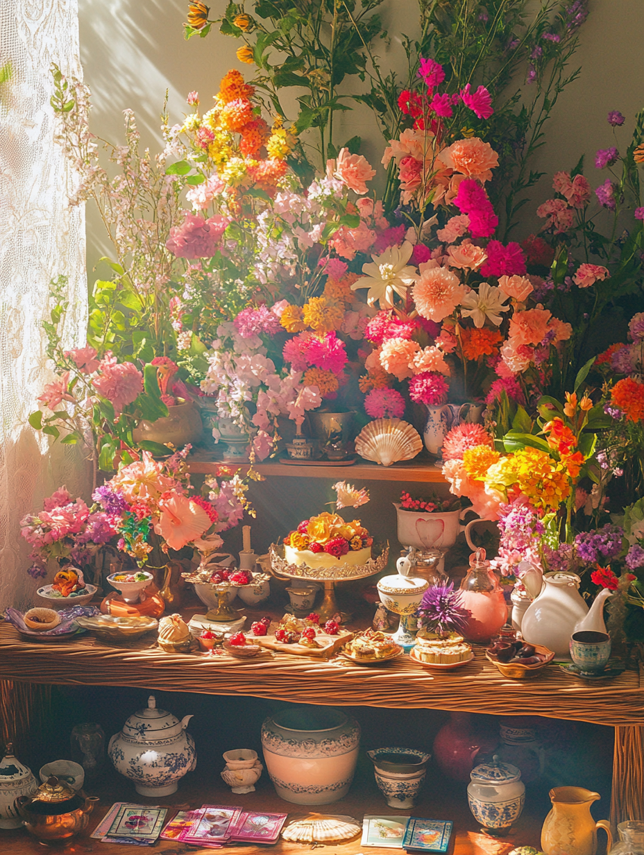 Wicker altar with spring flowers, sea shells and tea party vibe.