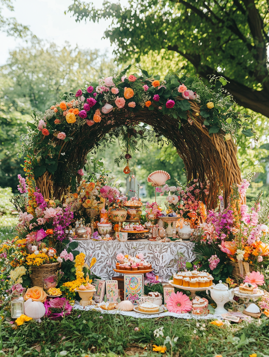 Wicker altar with spring flowers, shells, teapots, candles.