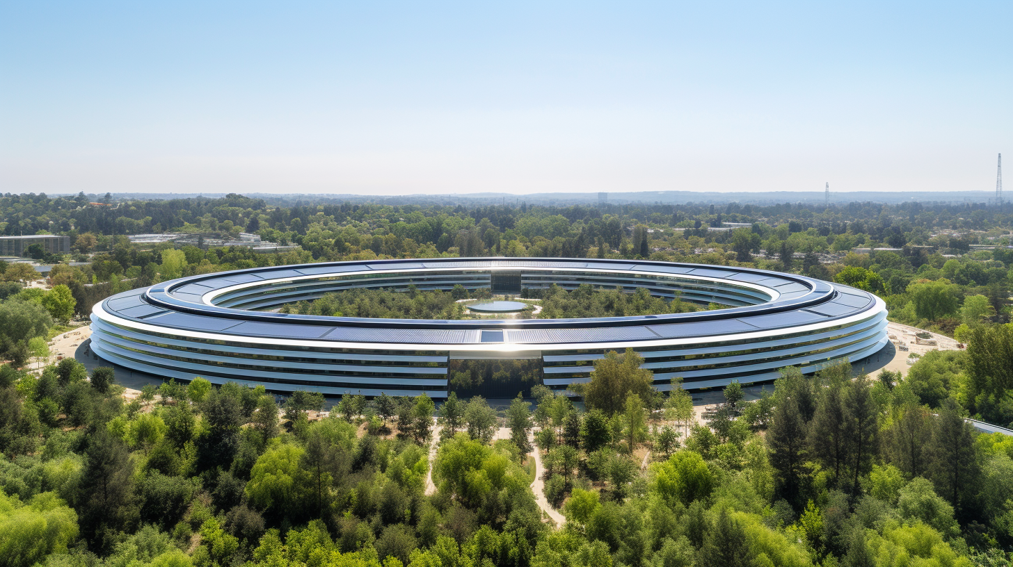 Wide-angle photo of Apple Park headquarters in Silicon Valley.