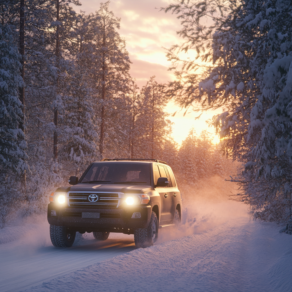 Wide angle photo of Toyota Land Cruiser driving