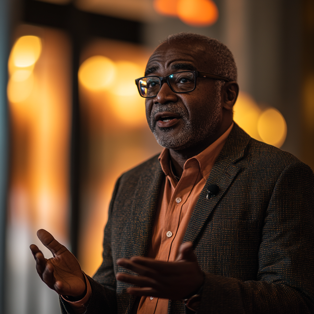 Wide shot of middle aged black man speaking.