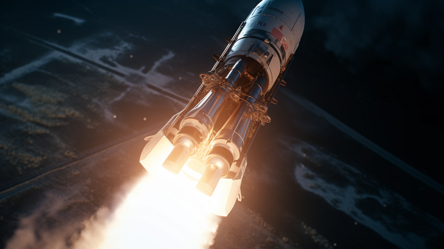 Wideshot of rocket launching, detailed features, global illumination.