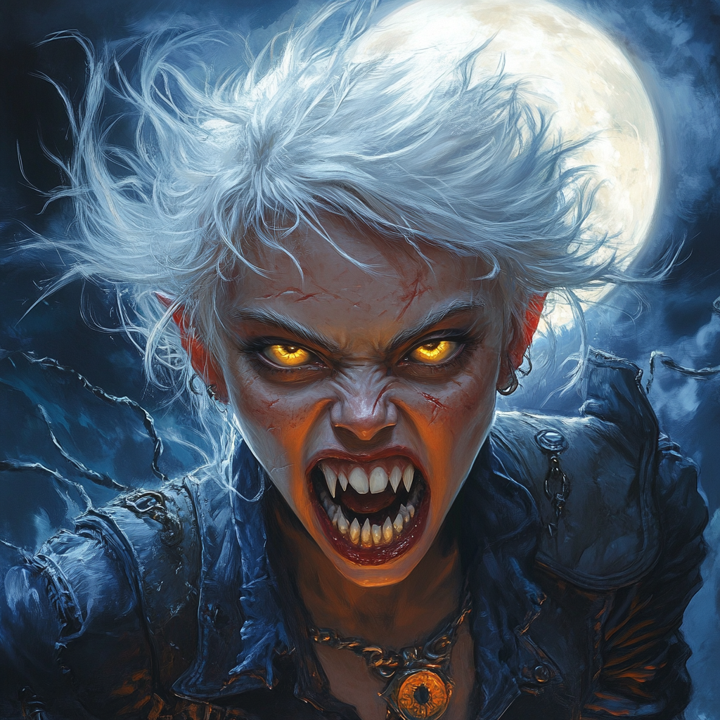 Wild-haired girl with sharp teeth under moonlight