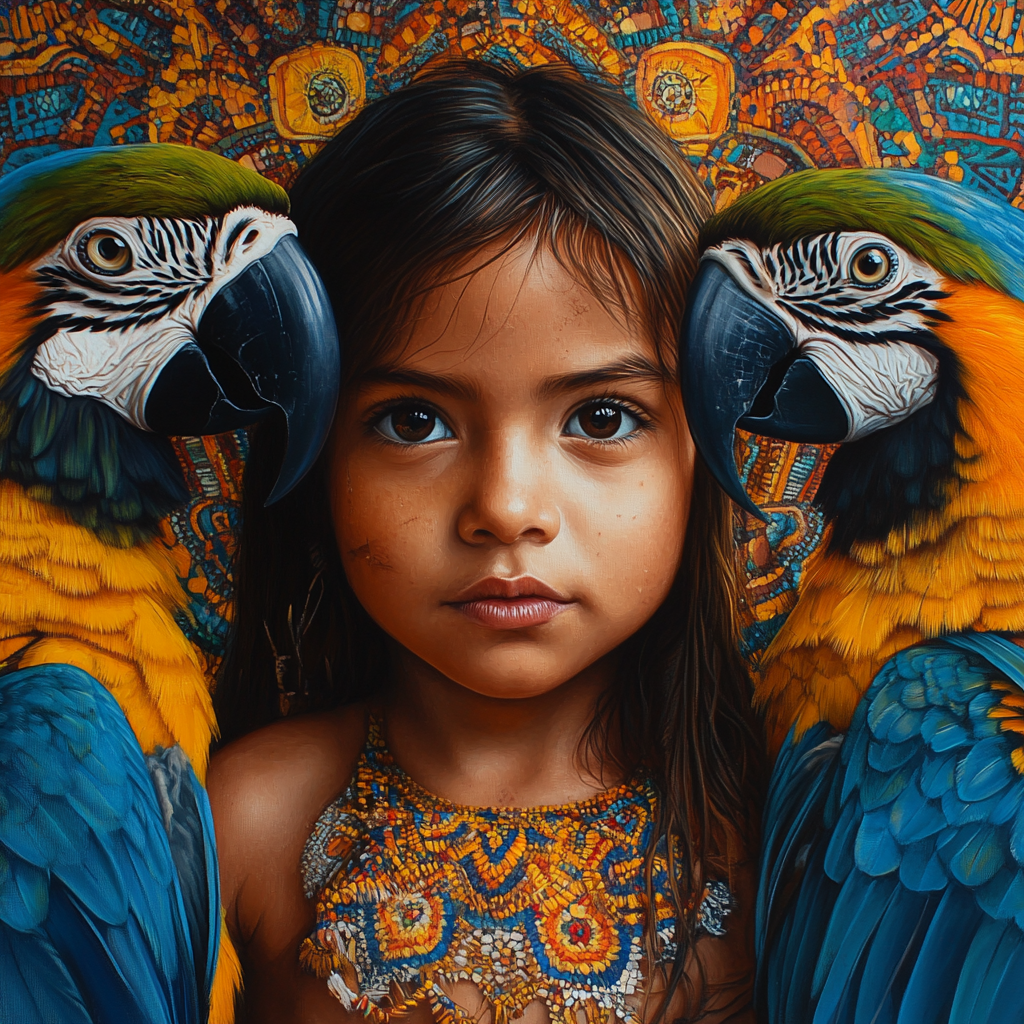 Wild indigenous child, macaws and mandalas in oil painting.