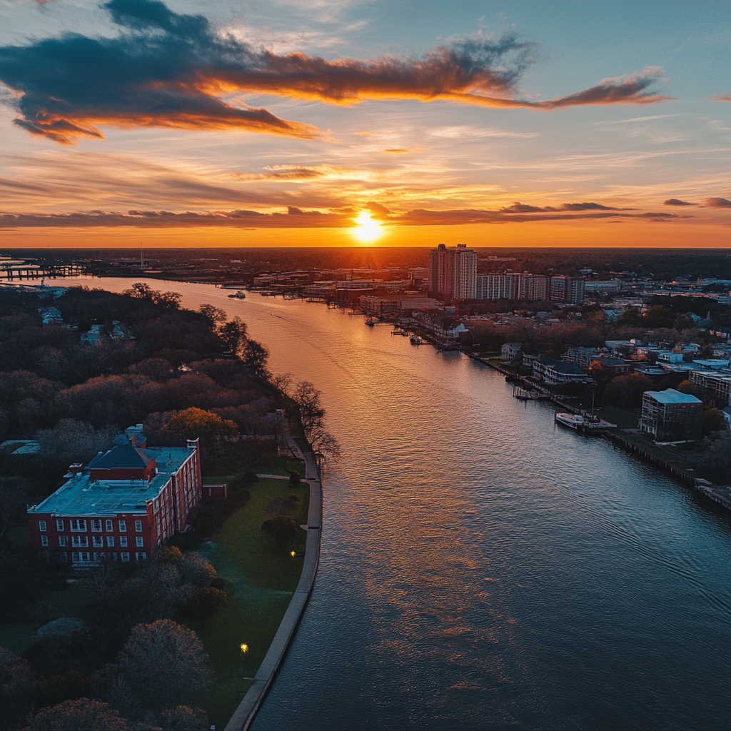 Wilmington skyline during sunset, warm colors, vibrant Instagram photo.