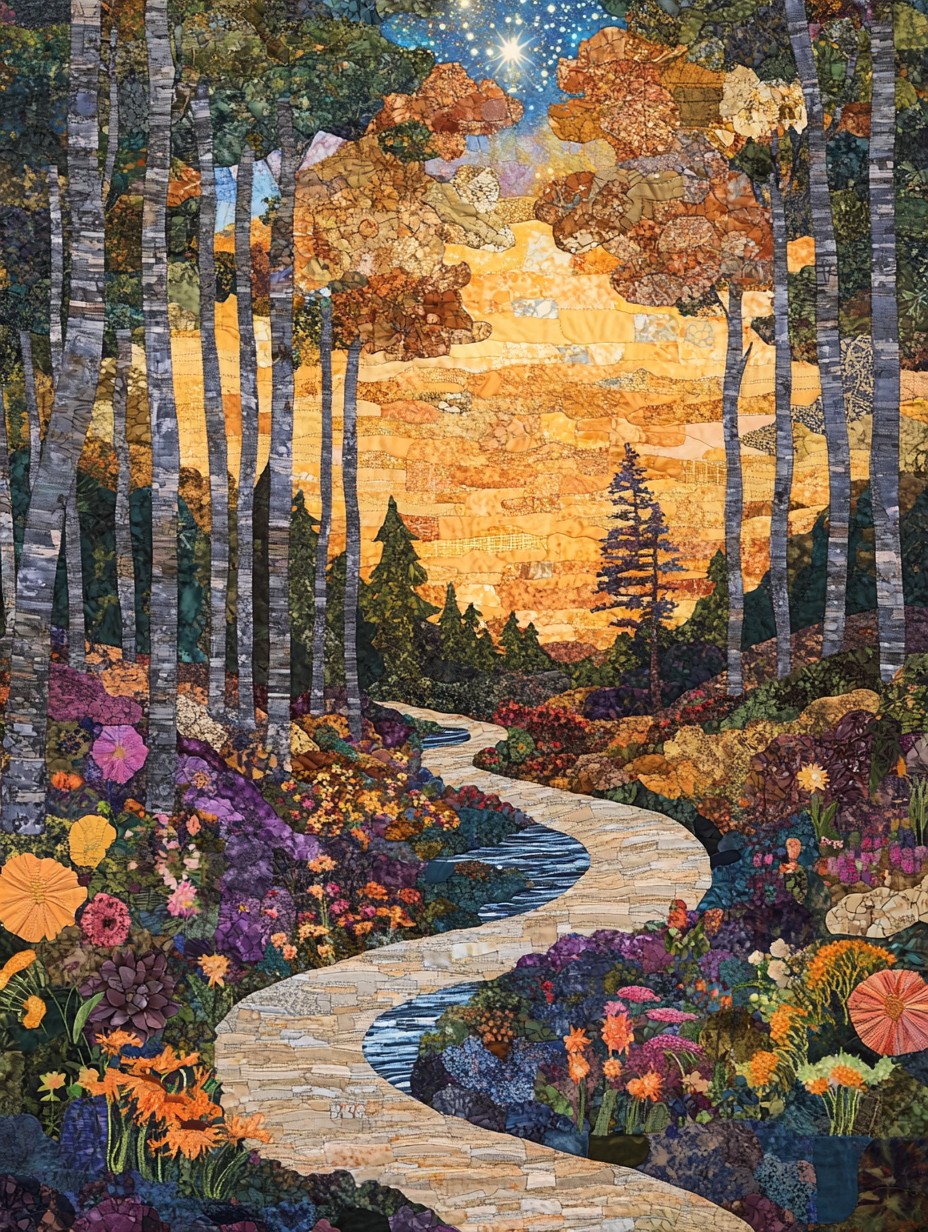 Winding Path through Woods with Stars and Flowers