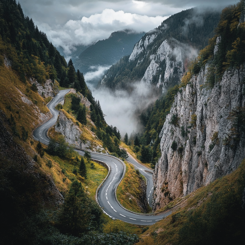 Winding mountain road cutting through steep rocky cliffs.