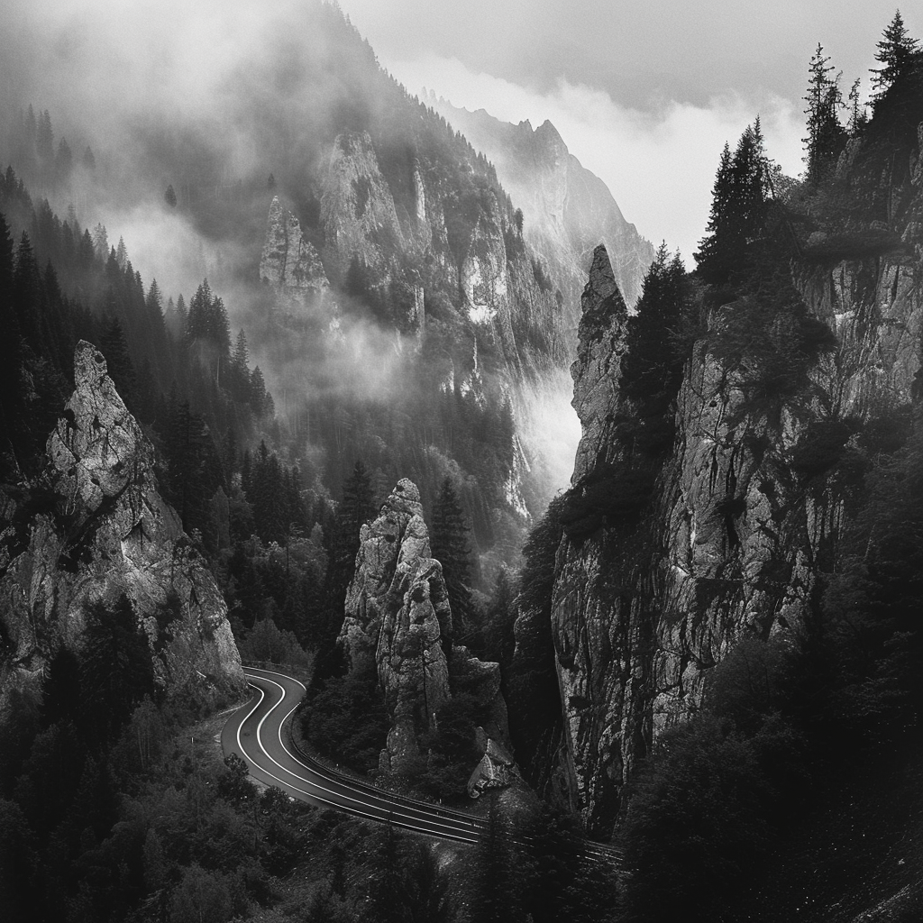 Winding mountain road through Transylvanian cliffs, misty peaks.