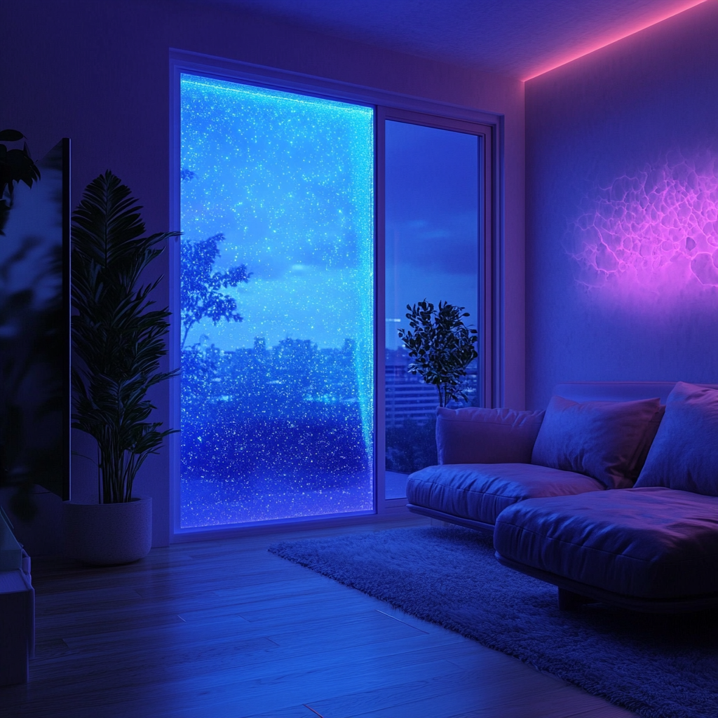 Window transforms into glowing, protective superhero at night.