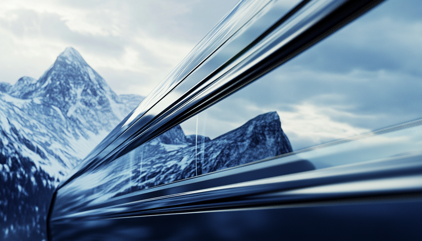 Windows of Speed Train Reflecting Norwegian Mountains, Close-up