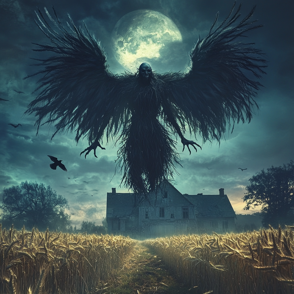 Winged Demon Scarecrow Flies Over Wheat Farm at Night