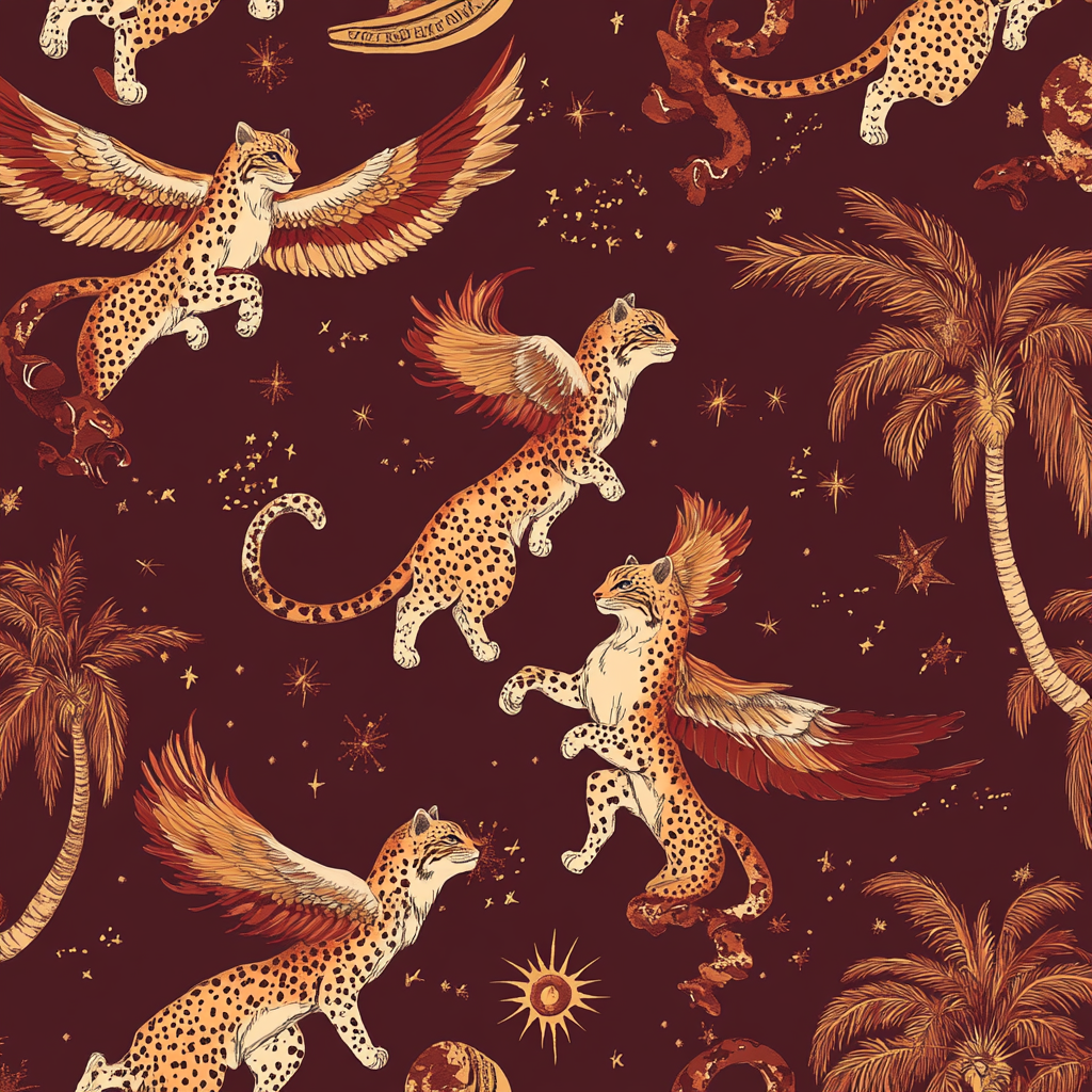 Winged leopards flying in night sky