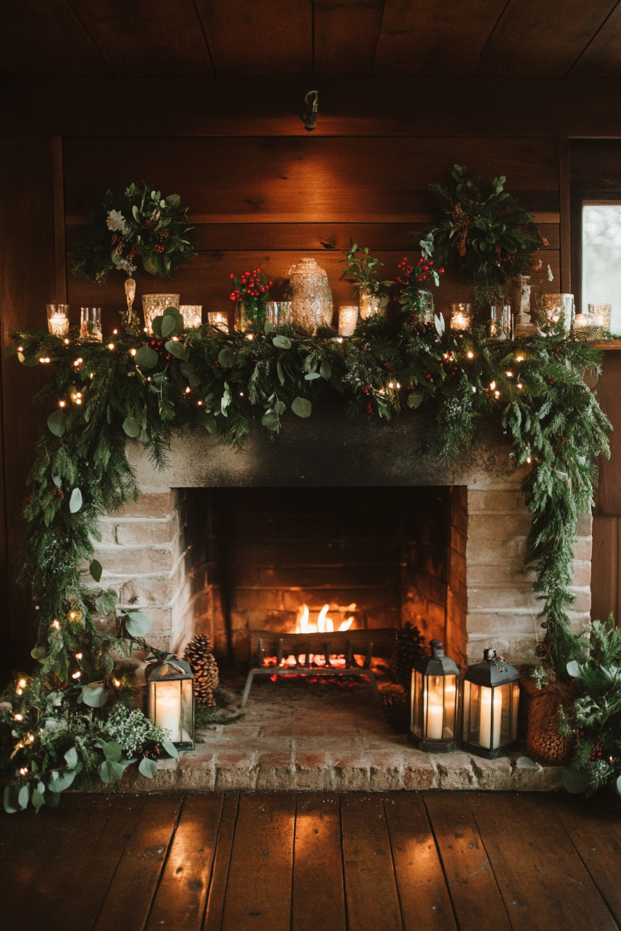 Winter Fireplace Decor with Green Garland and Lights