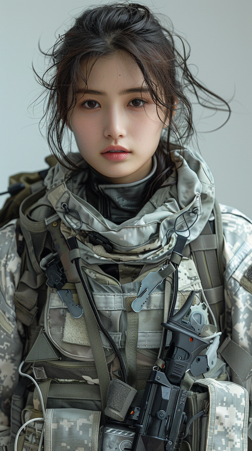 Winter Soldier in female style, girl with short black hair, full body shot from top to bottom wearing grey and white camouflage plate carrier vest, holding auto-rifle with grenade launcher attached.