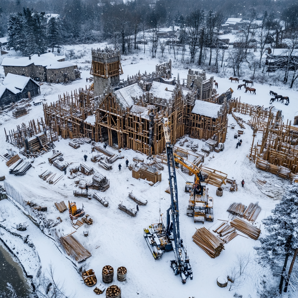 Winter Viking Hall surrounded by construction site