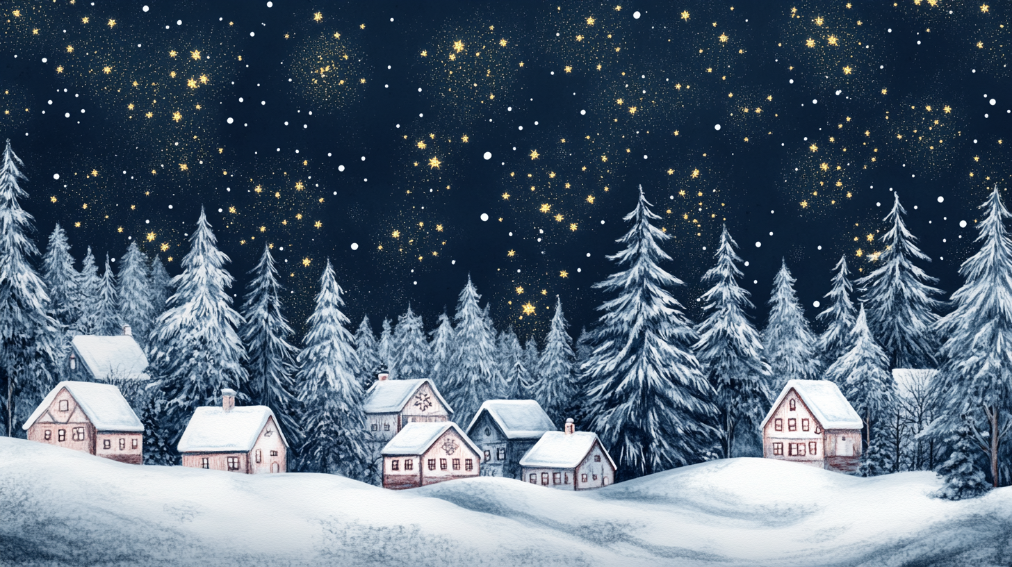 Winter Village with Snowy Pine Trees and Stars