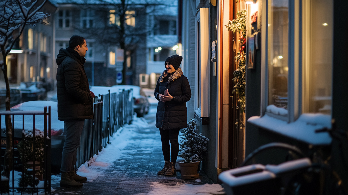 Winter chat: Woman and man discuss sidewalk evening.