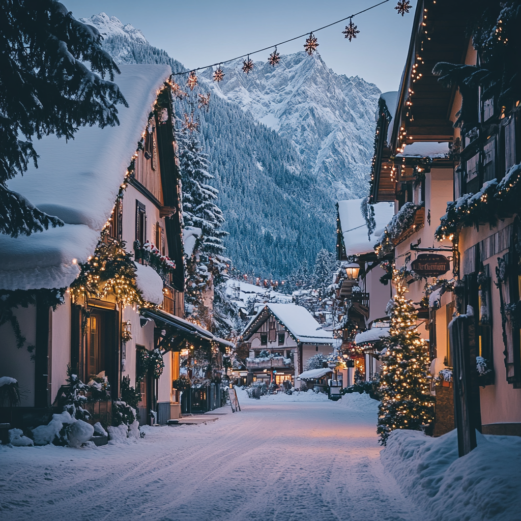 Winter fairy tale village at dusk with snowy streets