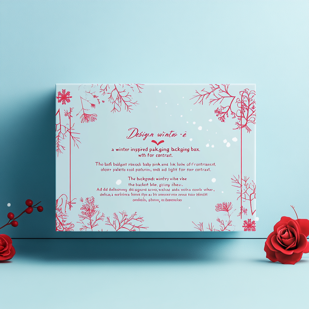 Winter-inspired packaging box: soft pink, blue, red accents