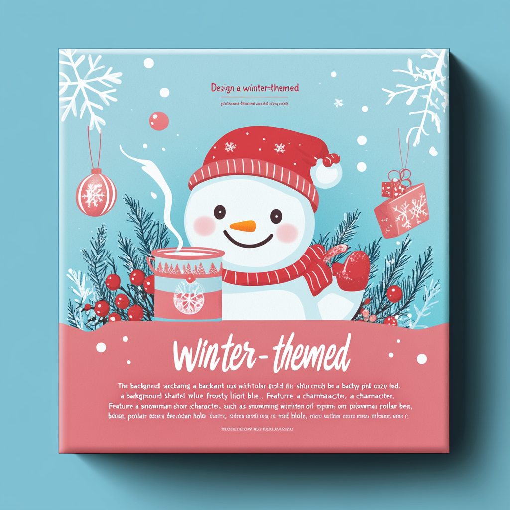 Winter-themed packaging box with snowman holding hot chocolate.