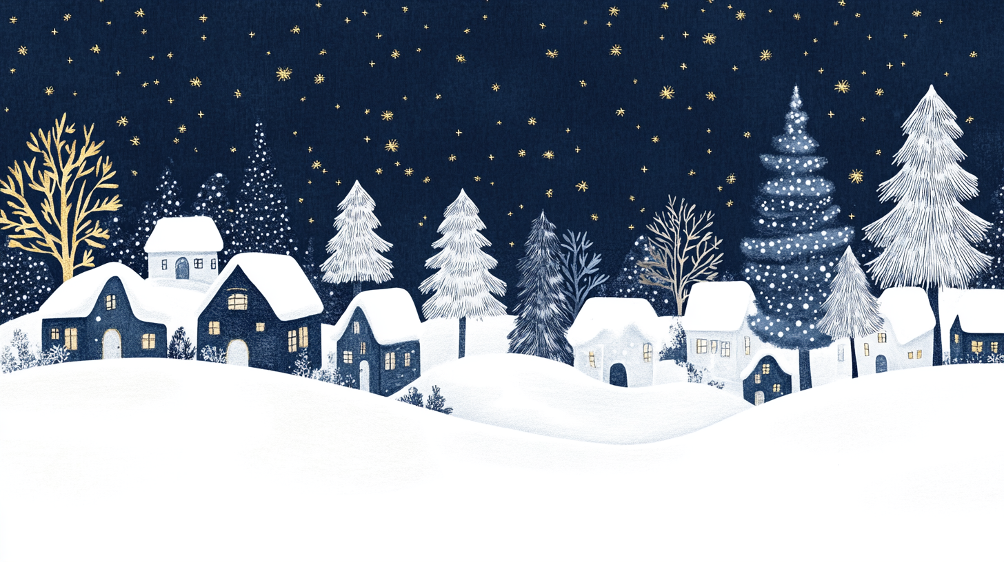 Winter village with snow, trees, stars in navy.