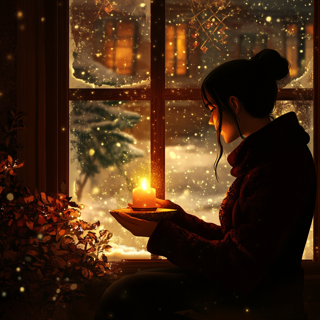 Winter window with snow, candle warmth inside