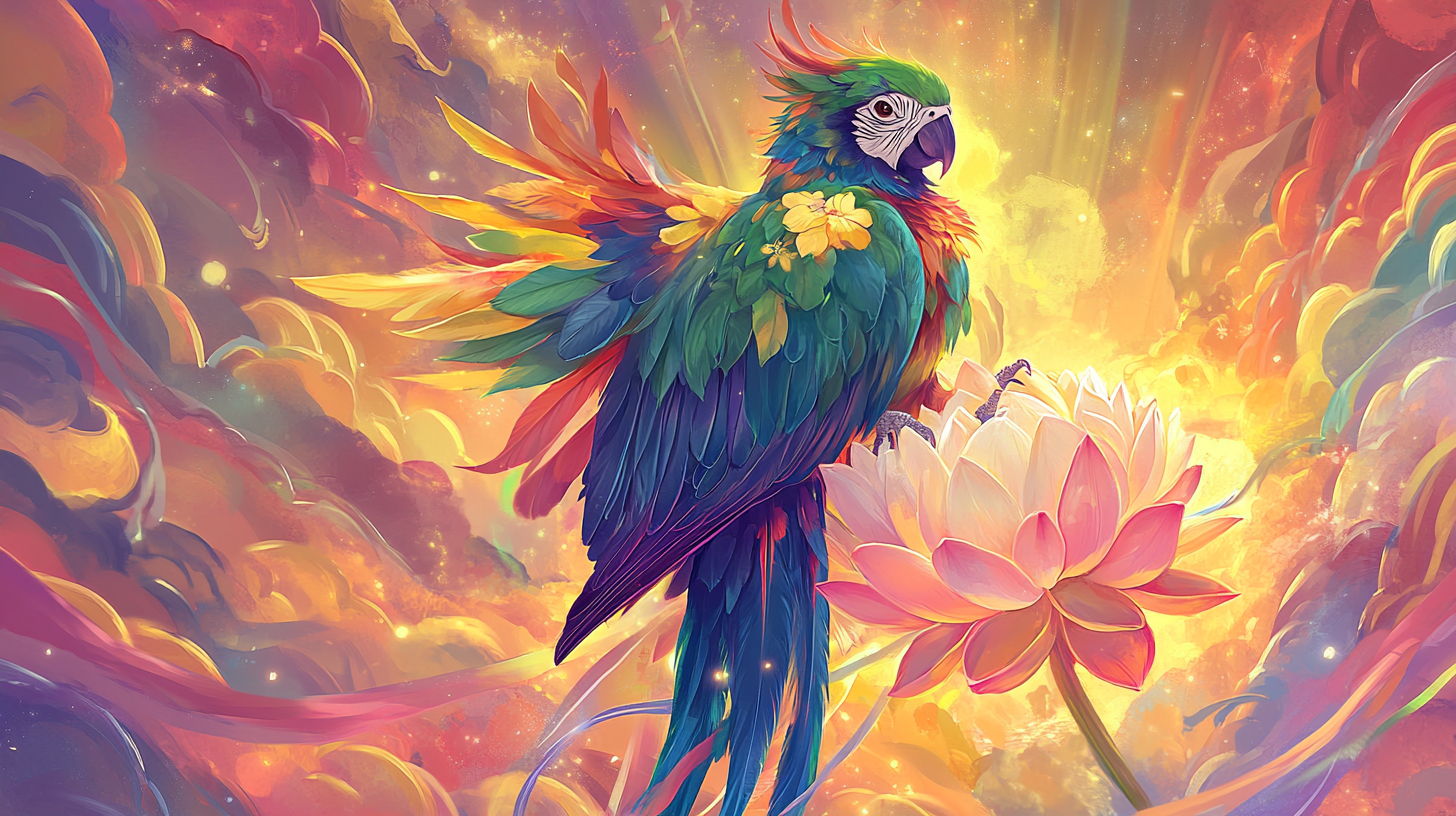 Wise Bodhisattva parrot on lotus flower, vivid landscape.