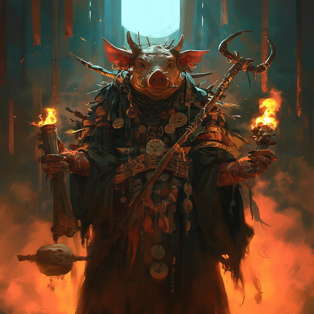 Wise pig shaman with voodoo items