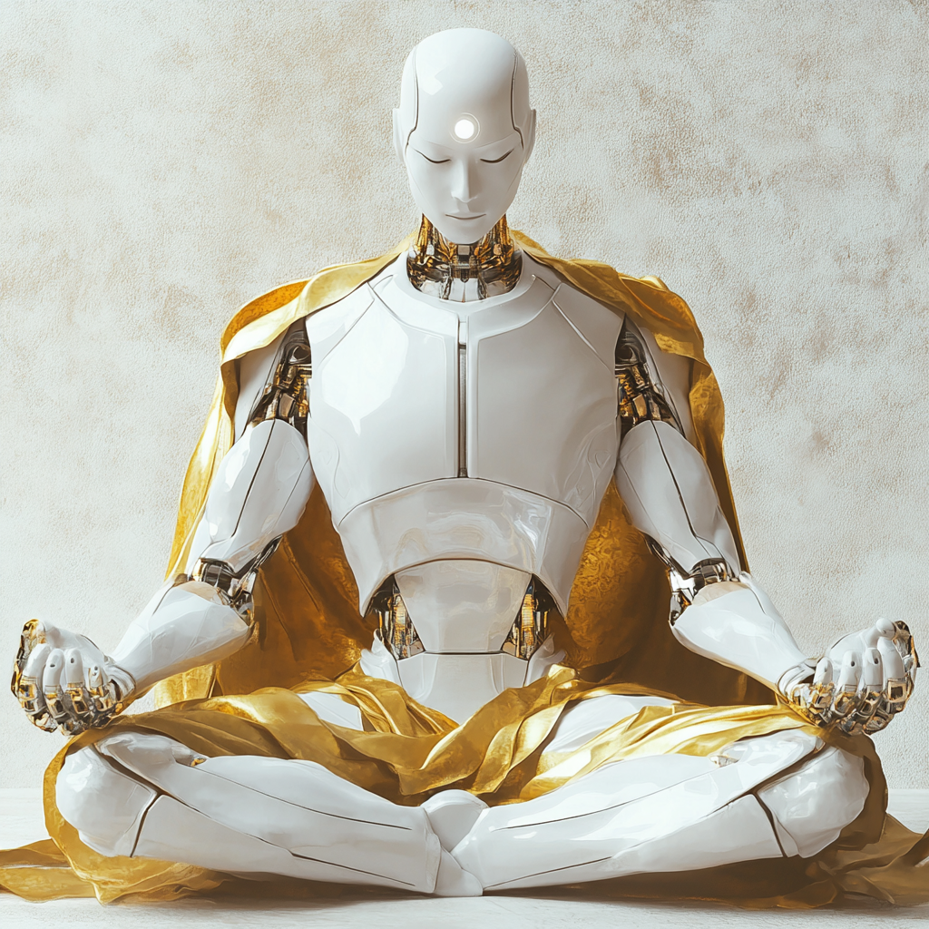 Wise robot guru in white armor meditating peacefully.