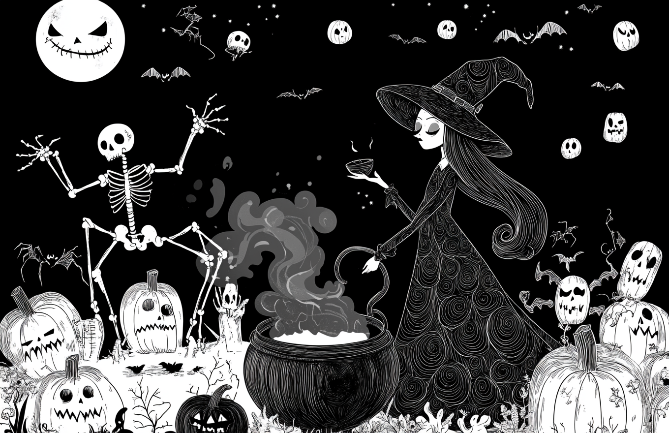 Witch at cauldron, skeletons, pumpkins, webs, mummies, gothic.