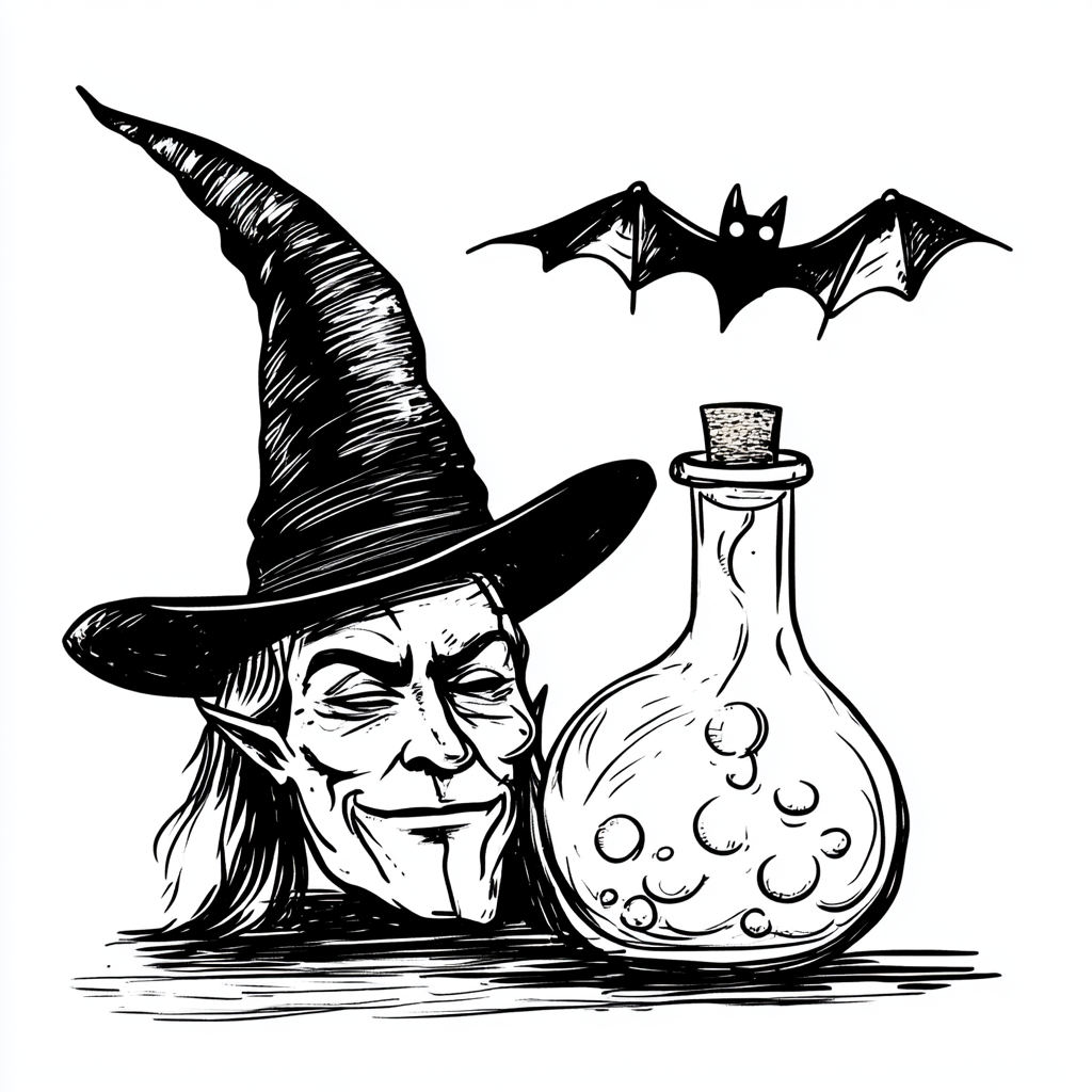 Witch face with hat, potion bottle, flying bat outlines.