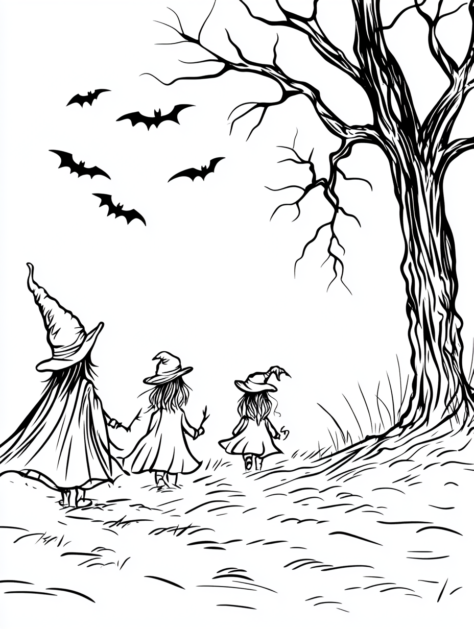 Witch following children trick or treating with bats, tree.