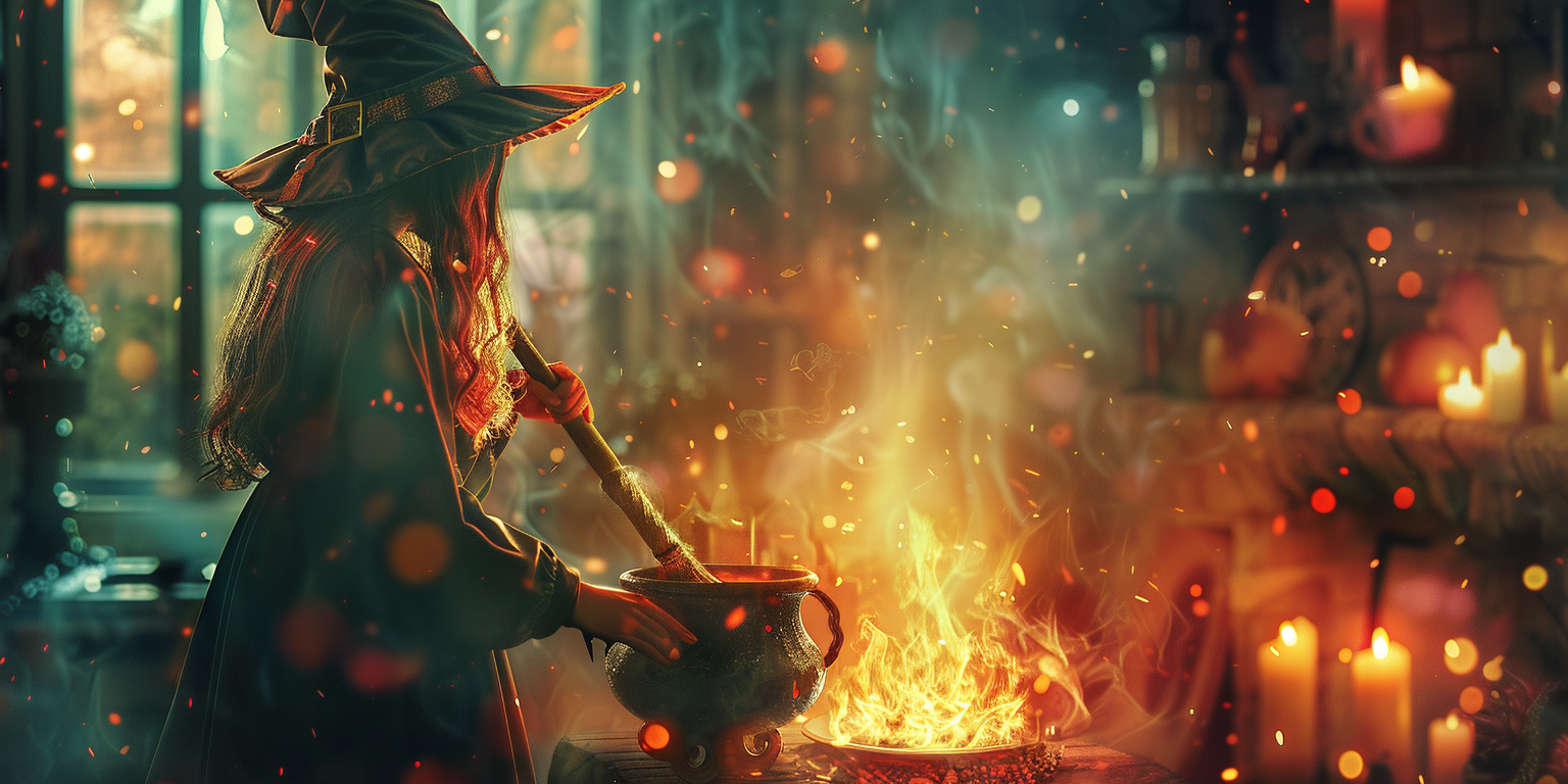 Witch holding broom in front of cauldron, hyper-realistic.