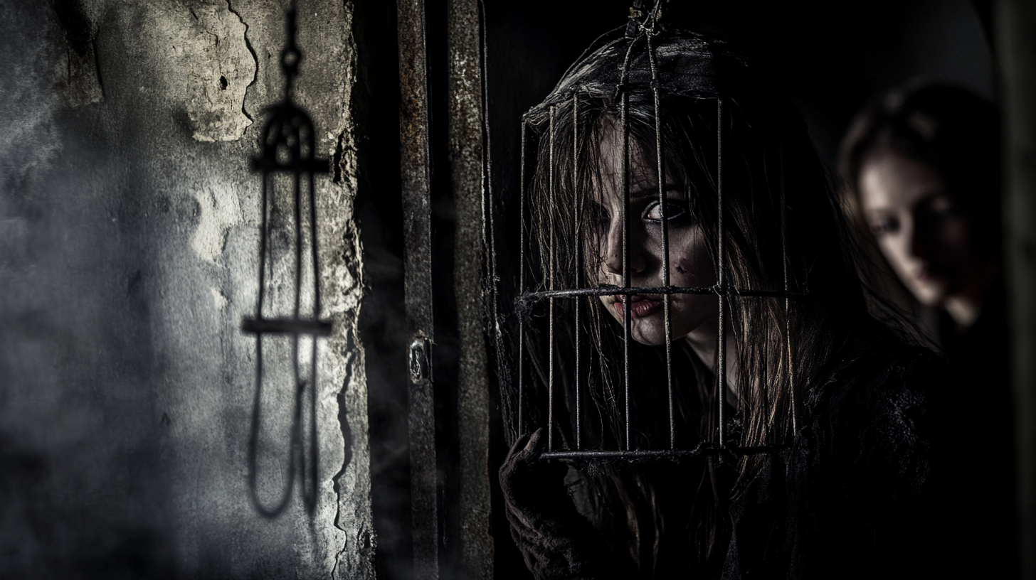 Witch in Steel Cage Begging for Mercy, Documentary Photo