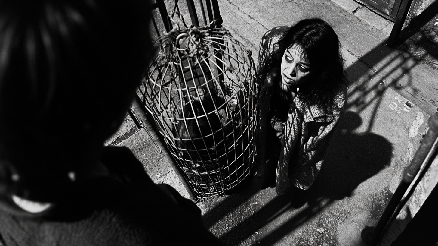 Witch in Steel Cage at Crossroad, Documentary Photo