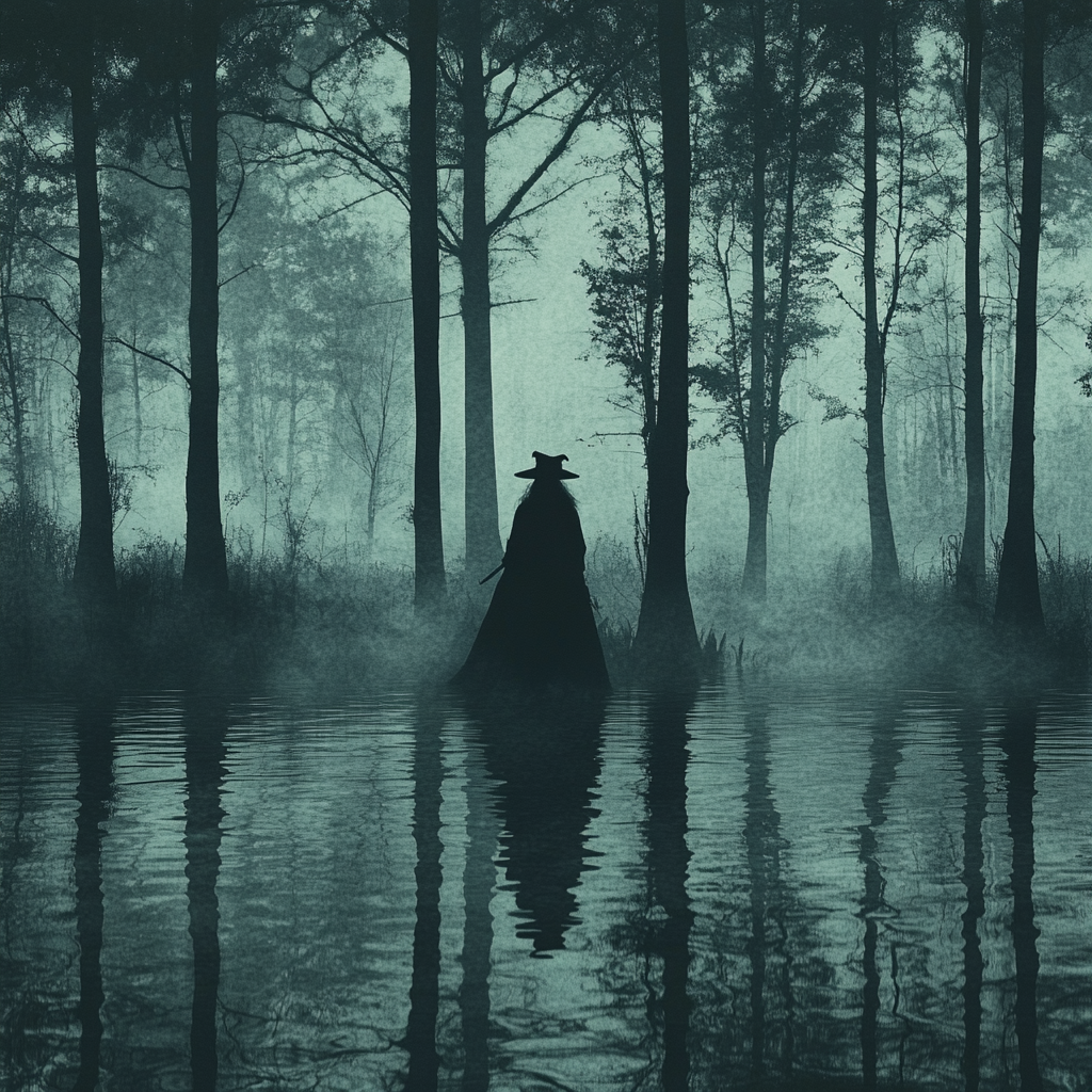 Witch in foggy swamp with spooky trees, high contrast.