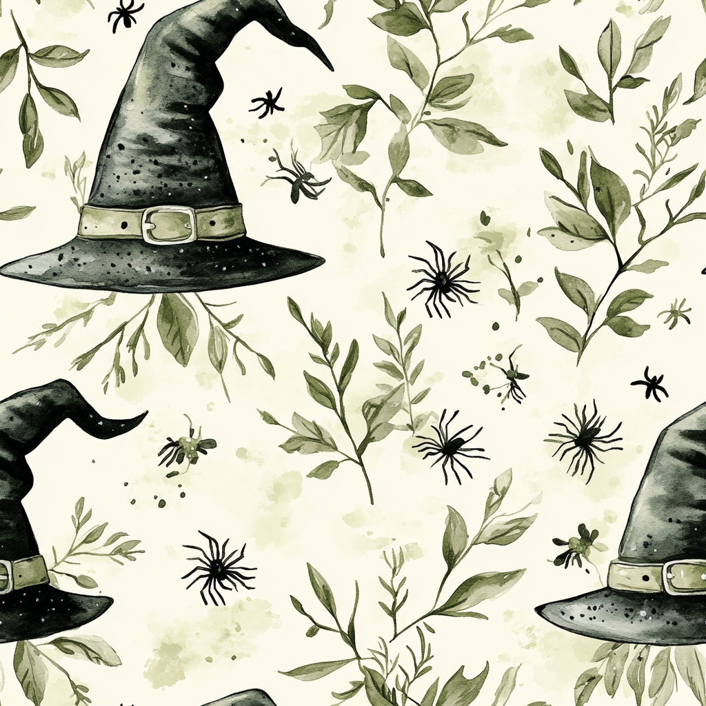 Witch pattern with hat and spiders in watercolor.