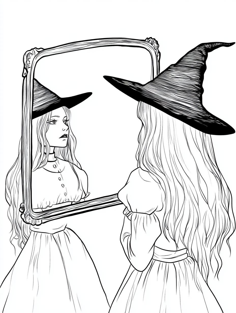 Witch staring at blank mirror on white background.