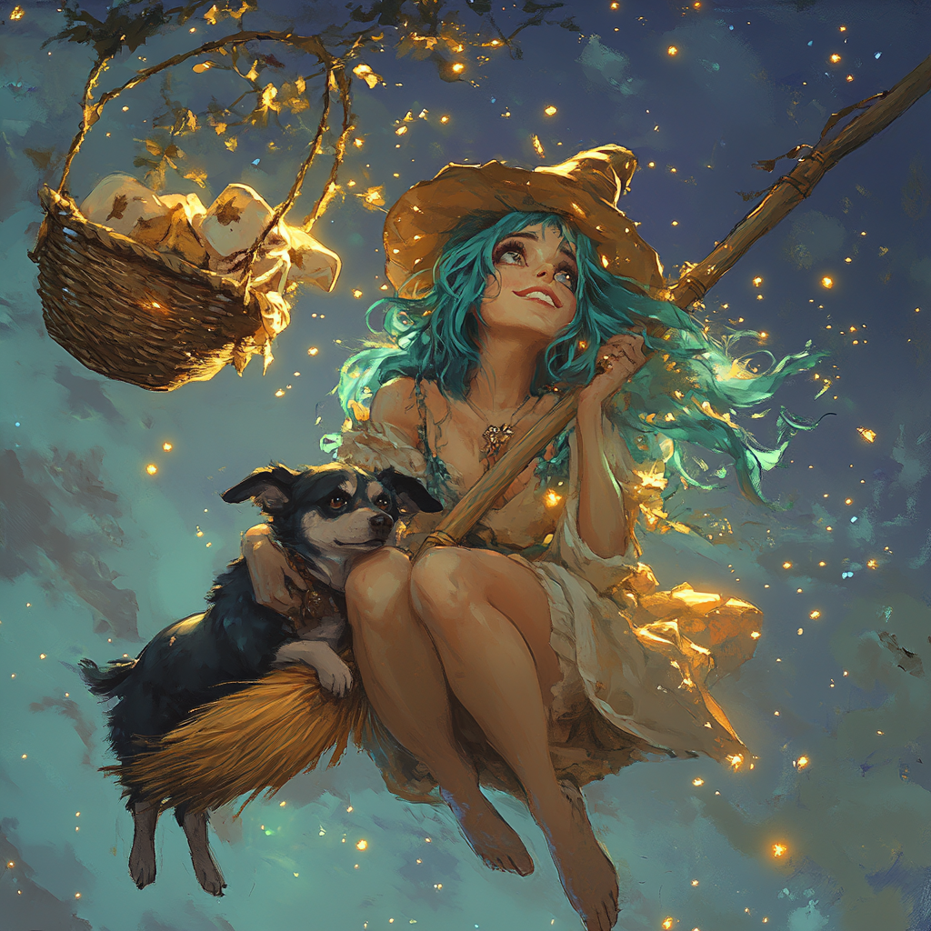 Witch with Teal Hair Flying on Broomstick